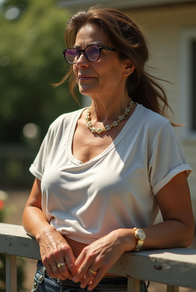 megan mullally, ((66yo GILF)), totally hotie beautiful granny, BREAK, rimmed eyeglasses, ponytail chic hair, totally hot & cutie gilf, thick fleshy arms, (anatomically perfection:1.2), (perfect anatomy), masterpiece, best quality, masutaa piisu, detailed eyes, lewd sensual thick gilf, dynamic view, BREAK, this gilf is so sensual, her body is thick, she's seen to be talking to 1 on her house kitchen, (she's wearing loose t-shirt and mini hot pants:1.3), wearing loafers, (fully clothed), natural sensual pose, arms on fence, (full body view), BREAK, (there is a near me),