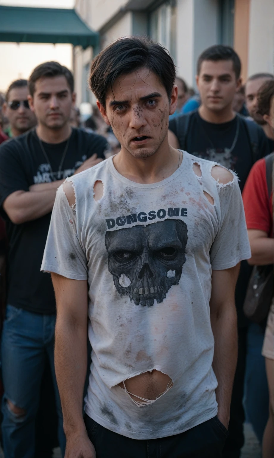 score_9, score_8_up, score_7_up, photo, man, middle-aged, black hair, short haircut, scared, torn t-shirt, dirty t-shirt, standing in a crowd of zombies, (against the background of a crowd of zombies), looking at the viewer, post-apocalypse, zombies, gloomy photo