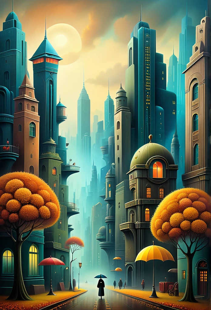 surreal art deco landscape autumn sity of blade runner, Alexander Jansson style, Iwona Lifsches style, nicoletta ceccoli style, Picasso style, ((art deco style)), artistic rendering, high contrast, high quality, 8k