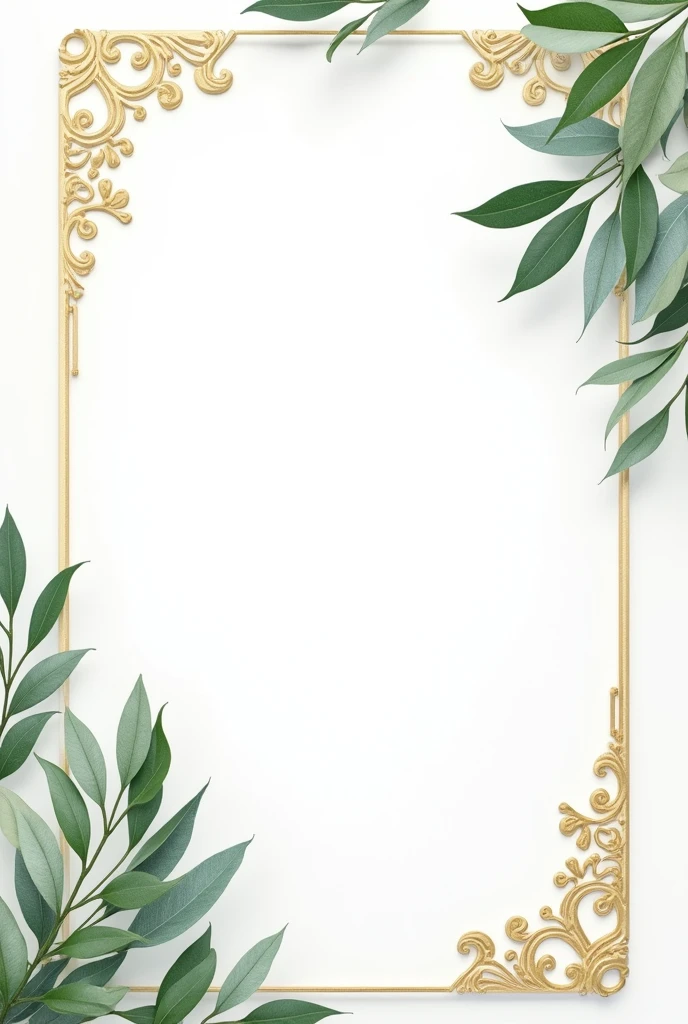 Make a flyer background with white, golden and the color #86B39A. Create a glam flyer, dainty, chic, Add golden elements and plants. something realistic