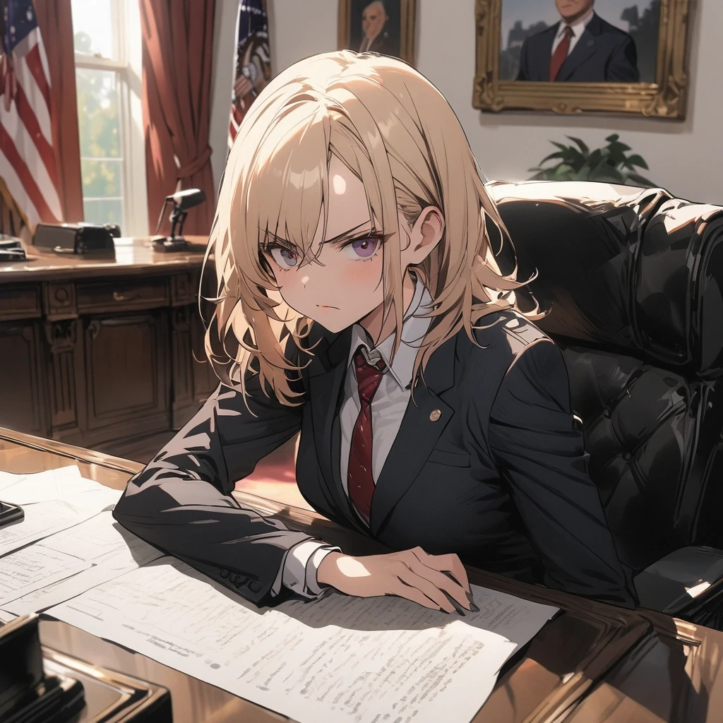 Woman with serious look, wearing a suit and tie in the Oval Office