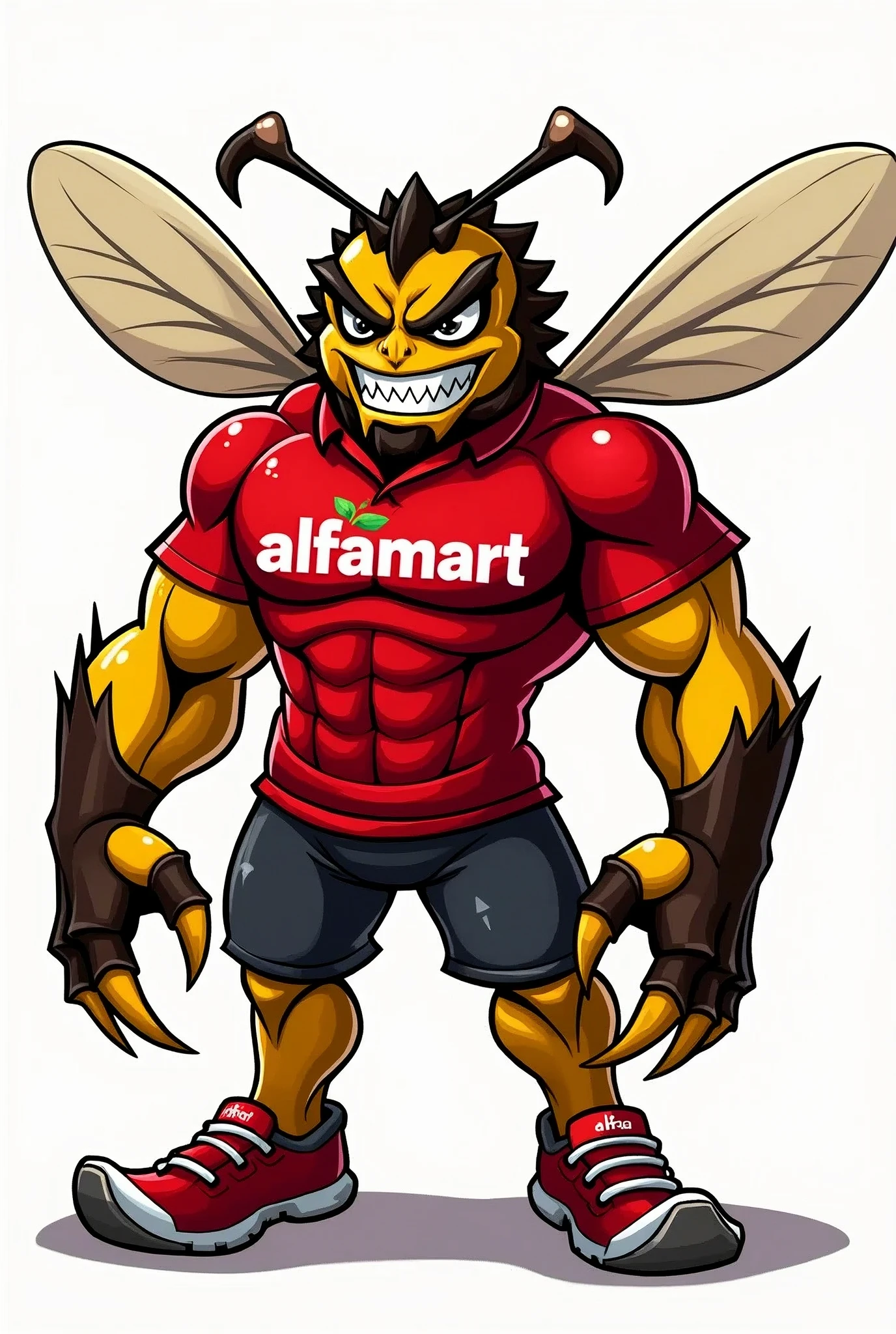 png ferocious bee mascot design, with a human-like body, wearing a red shirt that says Alfamart