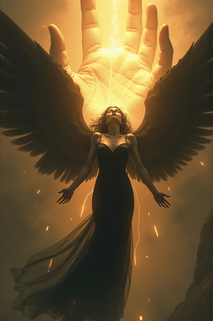 Lilith, losing her black wings during her fall, was caught by a giant, luminous hand.