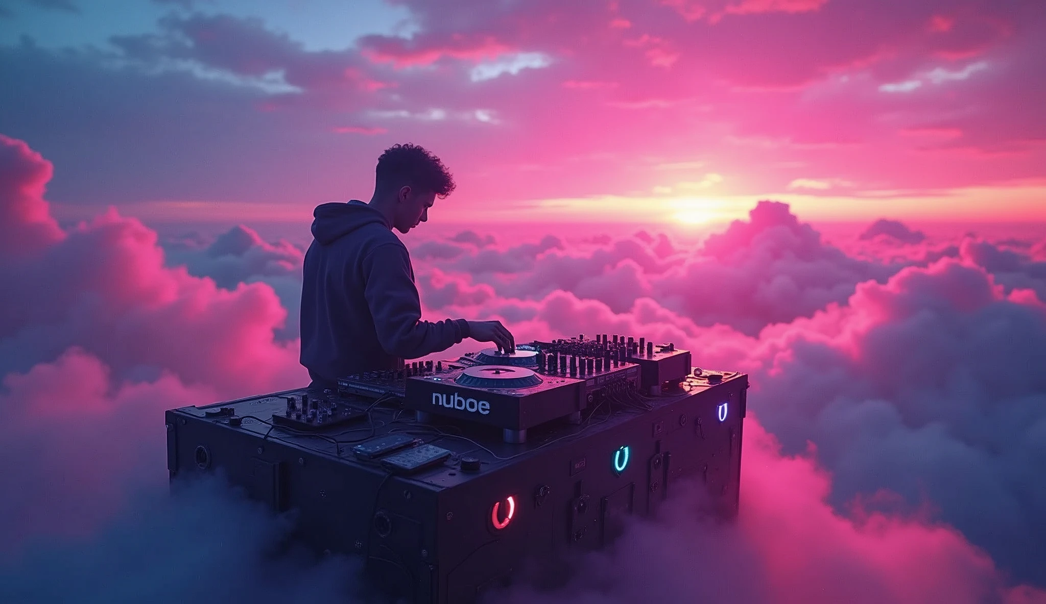 a dj above the clouds, edm music, neon energy