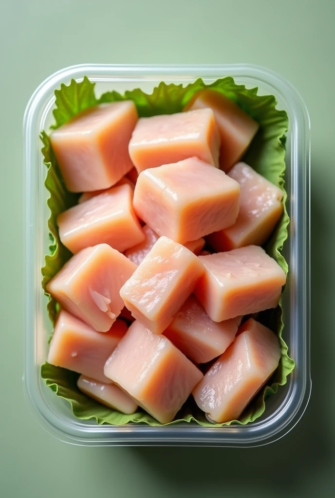 a diced chicken breast product in a recyclable container, keeping in mind it's for viewing 