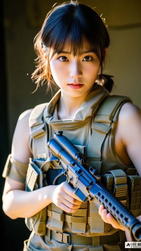(masterpiece, ultra-detailed, ultra-realistic, best quality, clear focus, photorealistic), (ultra-high resolution, 8k:1.3), cinematic color-grading film, dramatic scenes, shadow, global-illumination, perfect anatomy, perfect face, (detailed face, detailed eye:1.3), (20 years old Japanese blonde girl:1.2), (experienced soldier:1.2), professional light, (beautiful with cute but boyish cool Japanese face:1.3), (Fully equipped for battle:1.3), (holding m4a1 large assault rifle:1.4), (long barrel rifle:1.3), (Strong willed expression:1.2), (afraid:1.3), (wearing a pastel colored cute soldier's outfits made of leather with military helmet:1.2), slim waist, (at a battle field of Abandoned Building at night), flash light, (explosion:1.4), very large breasts, tactical vest, military harness, hip focus,