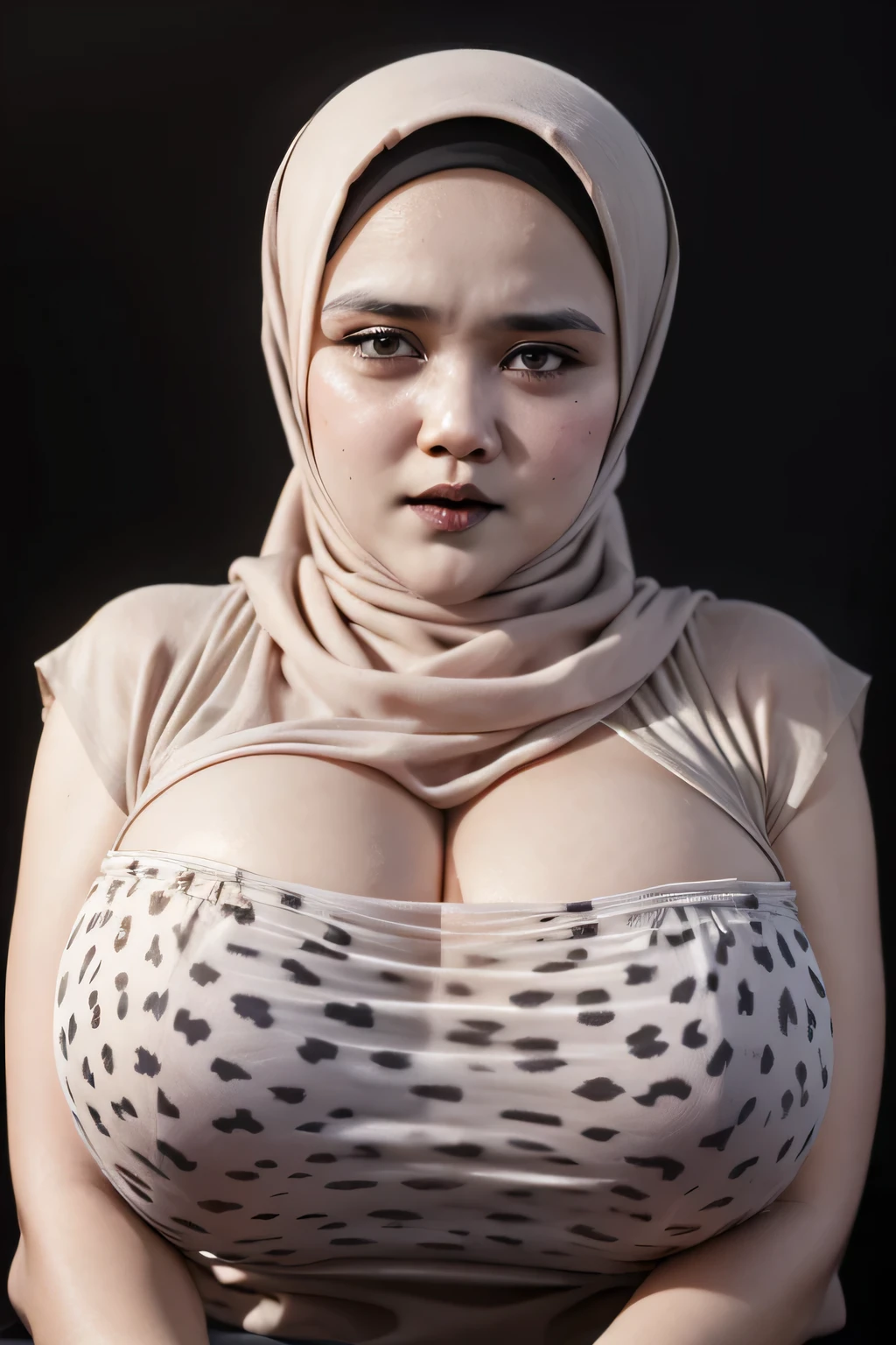 ((GOTHIC GOTH GIRL BLACK LIPS)), Jumbo (Singlet), Chubby adorable, 1 girl, (face to face), 10 years old, baby face, angry face expression, half body portrait, (face details: 1), (eye details: 1), ((big breasts)). wearing transparent transparency soft long shirt, hijab, .. Cute posed. proportional body. Ultra High Res. realistic: 1.4, UHD, ((white leopard pattern)), ((Bigger:2.4)), (((DARK BACKGROUND)))