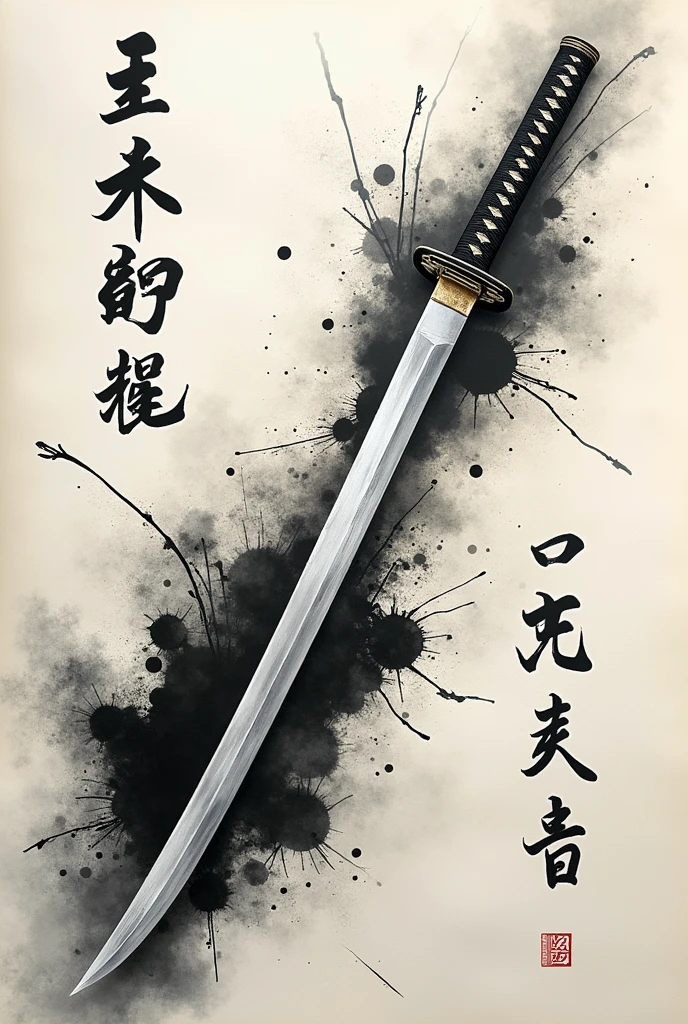 (best quality,highres,masterpiece:1.2),detailed calligraphy,brush strokes,ink splatter,cursive writing,artistic font,classic elegance,traditional technique,beauty in simplicity,inking,
contrast between thick and thin strokes,katana drawing - the meitou sword - samurai,the sharpest katana curved blade ever made Japanese characters,textured paper,subtle shades of black and gray,graceful curves and angles,precision and balance,traditional ink-wash painting,flowing fluidity,vivid poetic expression,brush scrollwork,dried ink marks,one brush stroke at a time,wisdom and tranquility,expressive and dynamic,ancient art form,poetry and philosophy
