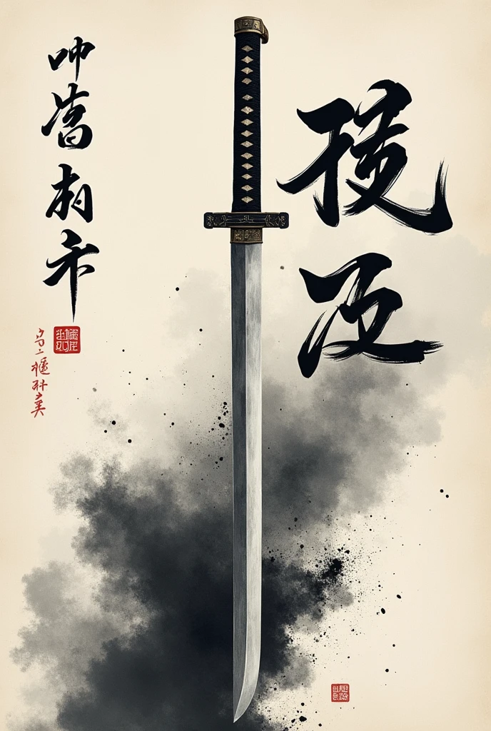 (best quality,highres,masterpiece:1.2),detailed calligraphy,brush strokes,ink splatter,cursive writing,artistic font,classic elegance,traditional technique,beauty in simplicity,inking,
contrast between thick and thin strokes,katana drawing - the meitou sword - samurai,the sharpest katana curved blade ever made Japanese characters,textured paper,subtle shades of black and gray,graceful curves and angles,precision and balance,traditional ink-wash painting,flowing fluidity,vivid poetic expression,brush scrollwork,dried ink marks,one brush stroke at a time,wisdom and tranquility,expressive and dynamic,ancient art form,poetry and philosophy
