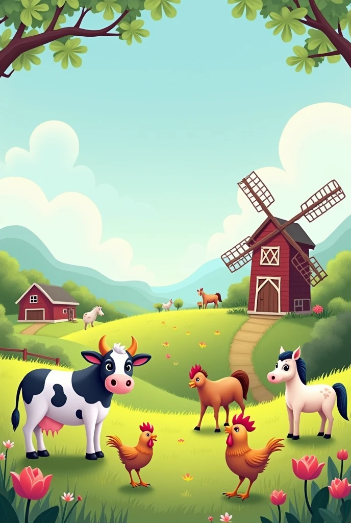 Farm-themed birthday invitation card with a cow, chickens, horses, and a windmill