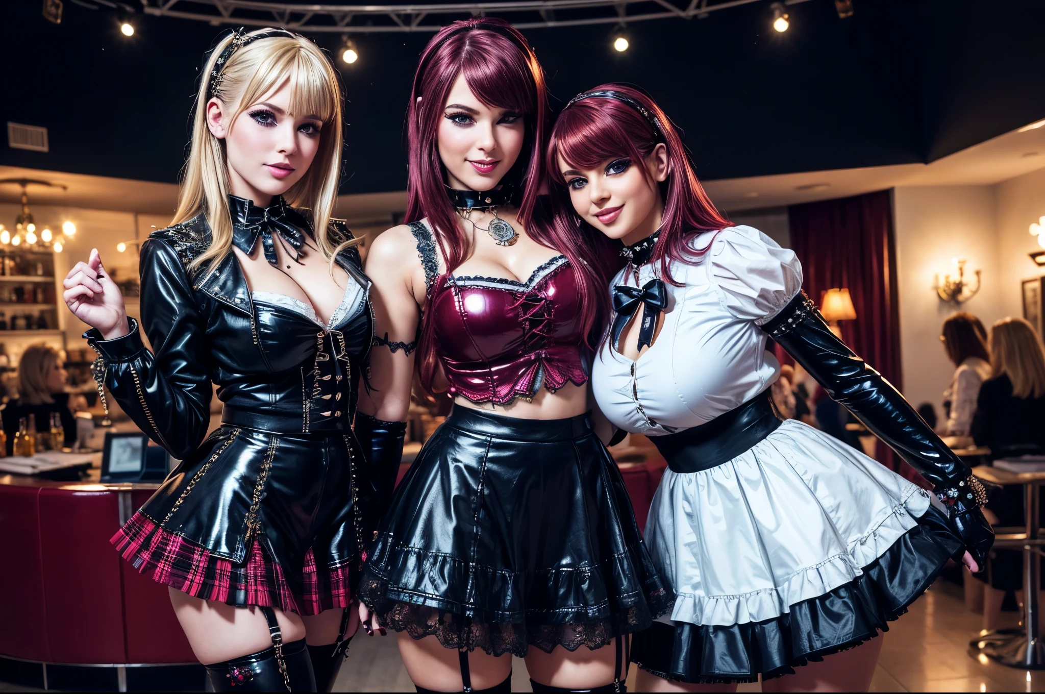 2 hot sweet innocent young European 21 year old college school girls with blonde and brown hair having a fun party, brookemonk, showing off their curves and smiling, sexy, beautiful girl, innocent, realistic 1.5, ((doll-like appearance)), ((shiny Punk-Style boots)), (big smile), ultra detailed eyes, Punk makeup, lipgloss, ((sexy Punk ta cosplay)), unconventional skirt, petticoats, high neckline, ((ultra detailed lace)), ((ultra detailed embroidery)), intricate details, tartan patterns, safety pins, Punk Loliccessoires, Punk Lolita cr, ((large sparkling Punk Lolita jewel