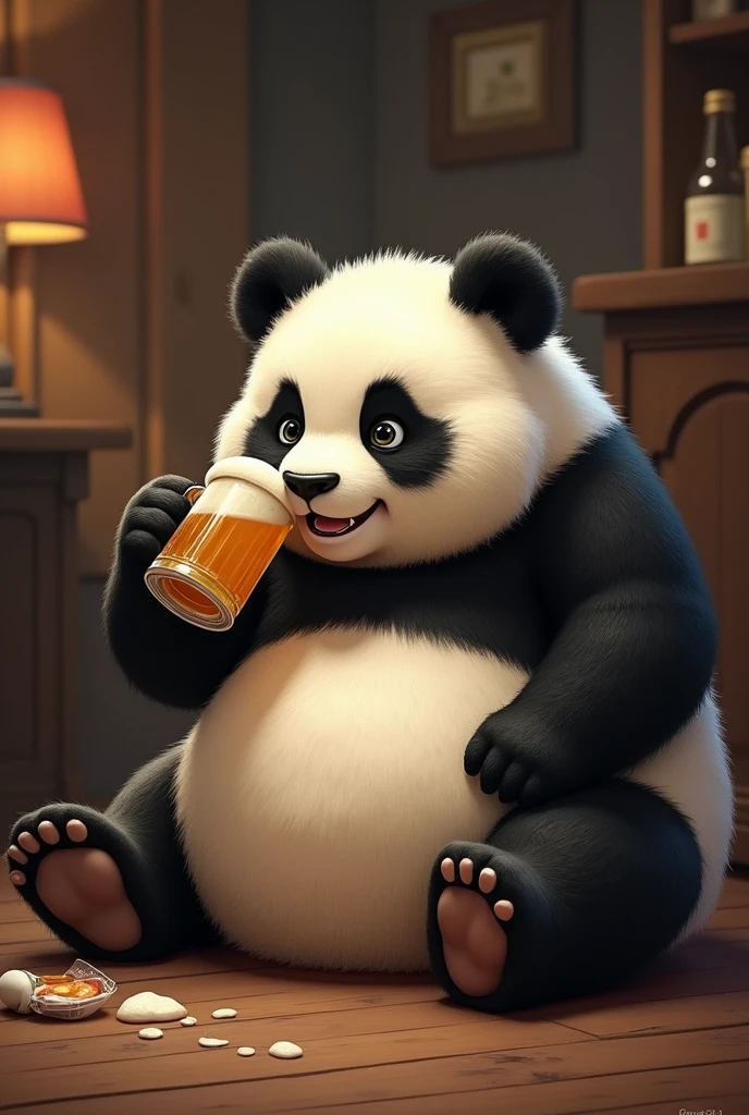  panda bear, female, with black and white colors, drinking beer on the floor drunk 