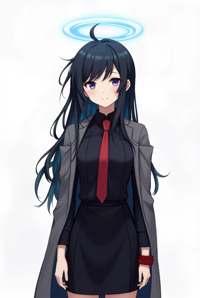 masterpiece, (score_9, score_8_above, score_7_above), 1 girl, iroha_\(blue_archive\), 1 girl, black hair, long hair, messy hair, violet eyes, little smile, expressionless, long_sleeves, He drowned, Red tie, black shirt, red bracelet, collar shirt, blue halo, black skirt, gray coat, aboveper body, portrait, arms on the sides, nod, White background, masterpiece, Best Quality