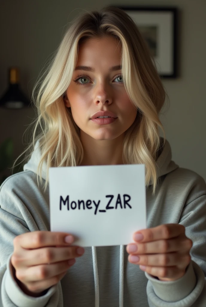 Blonde white woman whose in her 20s. Has to look releastic. Wearing a hoodie and pajama pants. Holding a piece of paper that in small says Money__ZAR. Taking a selfie 