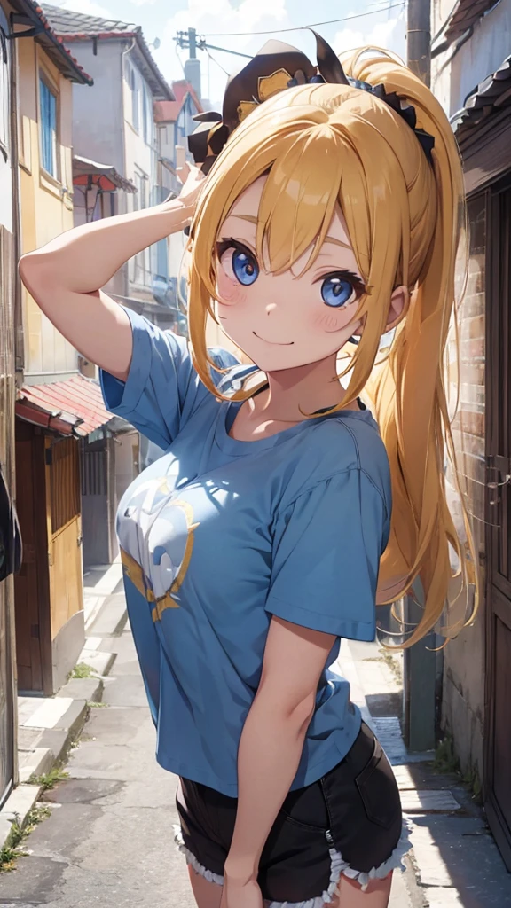 One person, smile, accurate,Long Hair, Hollow Eyes、Dark circles under the eyes、Large Breasts, Old Townscape、moss、blue eyes、Yellow Hair、ponytail、Wolf Ears、tail、Shorts、T-Shirts