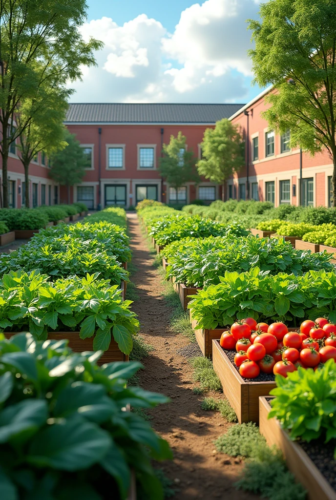 create a realistic image of vegetable gardens for a school presentation