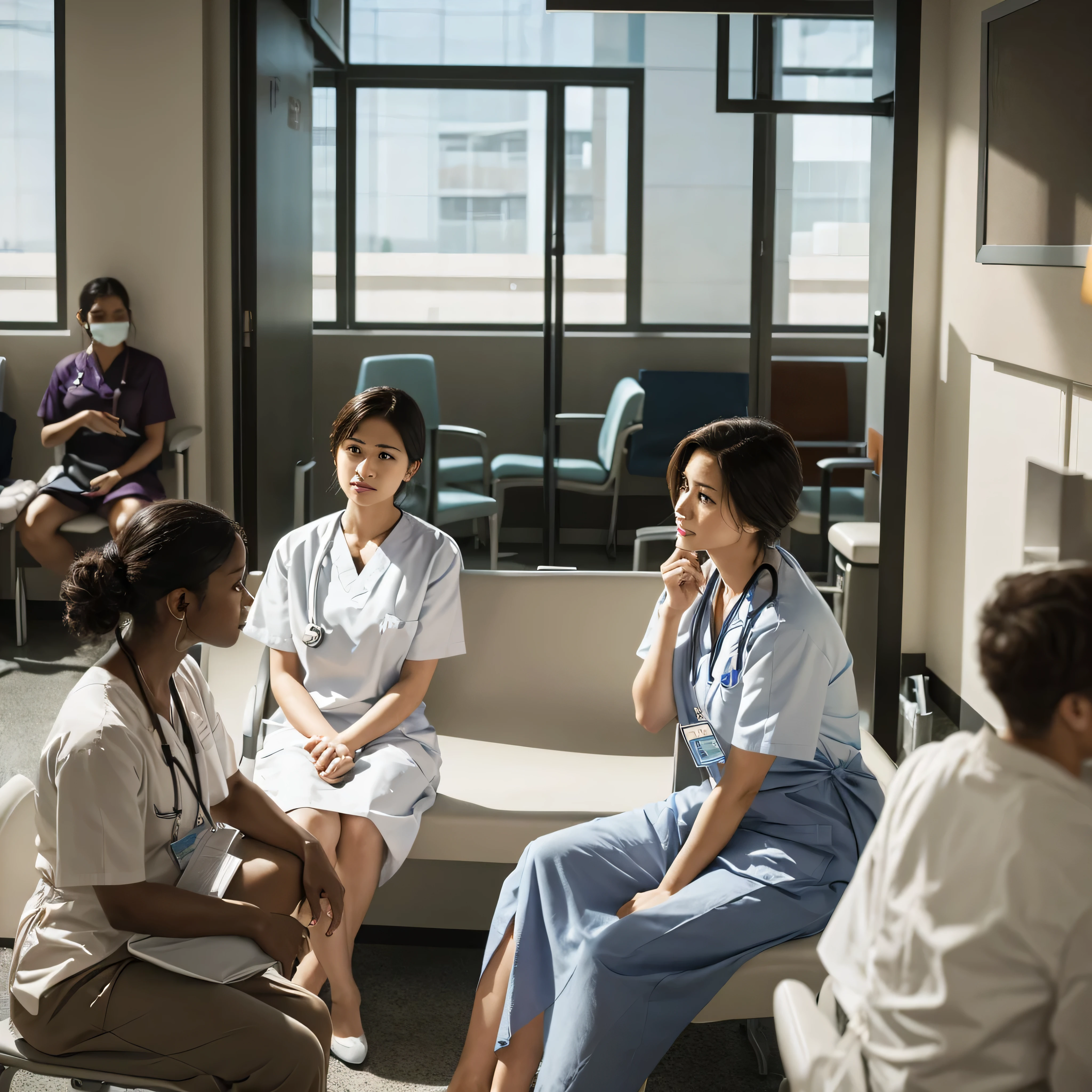 A realistic, contemplative scene in a hospital waiting area, focusing on a diverse group of patients and healthcare workers. The individuals are seated on a bench, their expressions conveying a mix of concern, patience, and quiet conversation. The environment is brightly lit with natural daylight streaming through large windows, providing a soft contrast to the tense atmosphere. The composition captures the human connection and the shared experience of waiting in a medical setting, with subtle details highlighting the cultural and personal diversity of the group