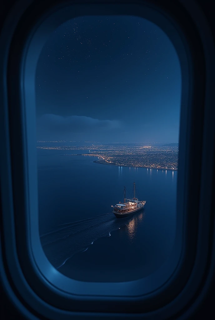 Seeing the beach of Limassol, Cyprus, from an airplane window high in the sky at night　star　A ship floating in the darkness