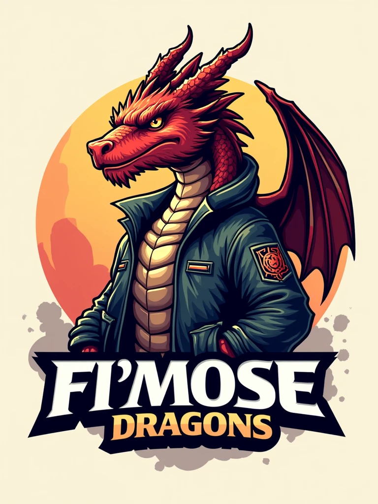 A logo of a dragon wearing a head-length jacket with "FIMOSE DRAGONS" written on it