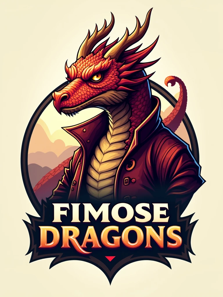 A logo of a dragon wearing a head-length jacket with "FIMOSE DRAGONS" written on it