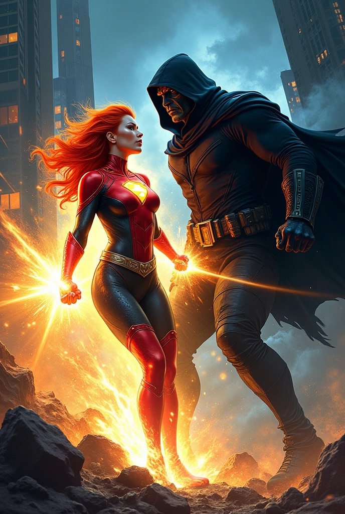 Generate an image of a comic book cover in the style of the 80s, where the superhero is a woman and her power is light and her hair color is red, and the villain is darkness, Put this title: Light and Shadow