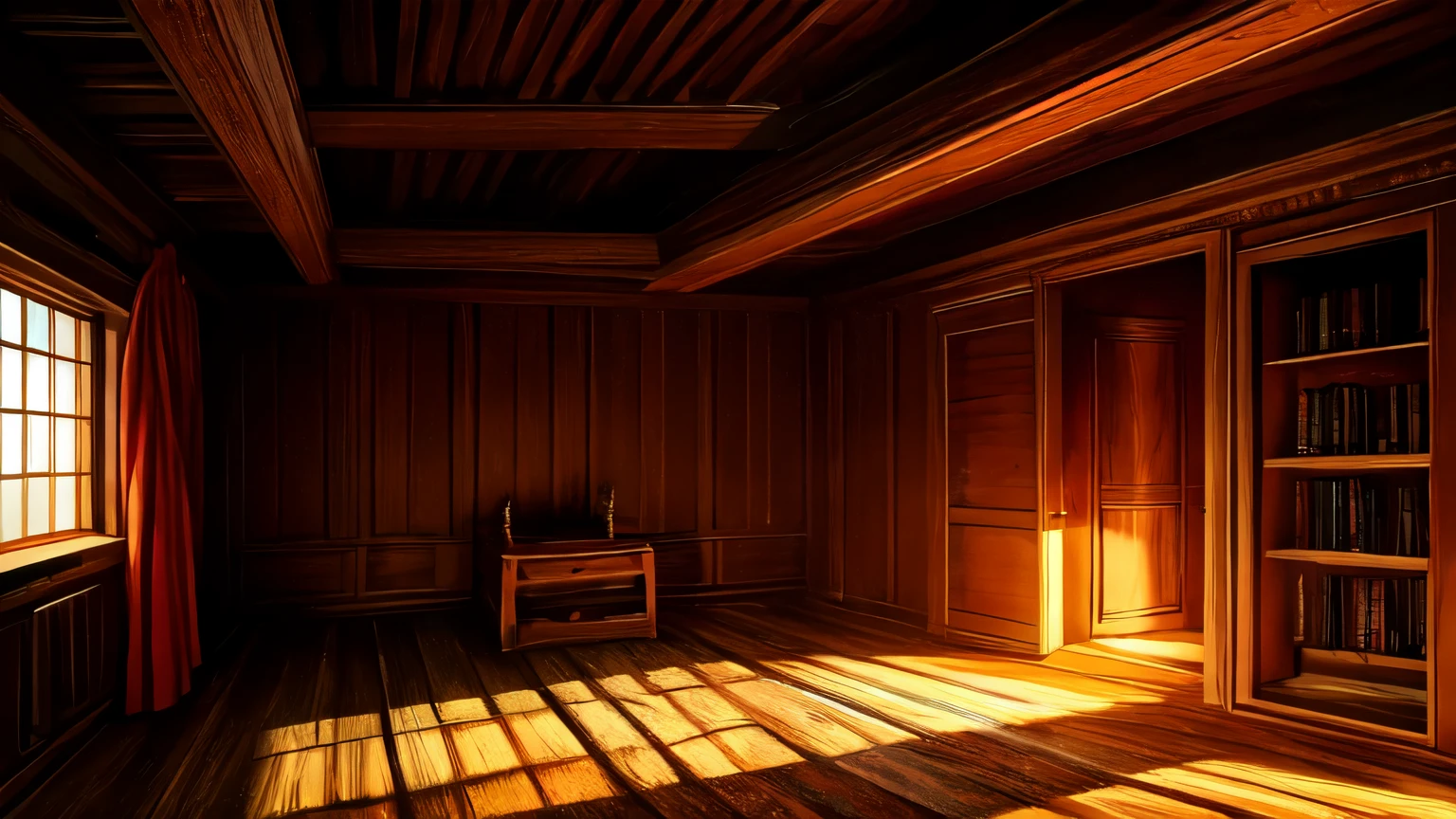 an old room made of pine wood, darkly, with a golden box shining in the center, bringing a contrast to the room
