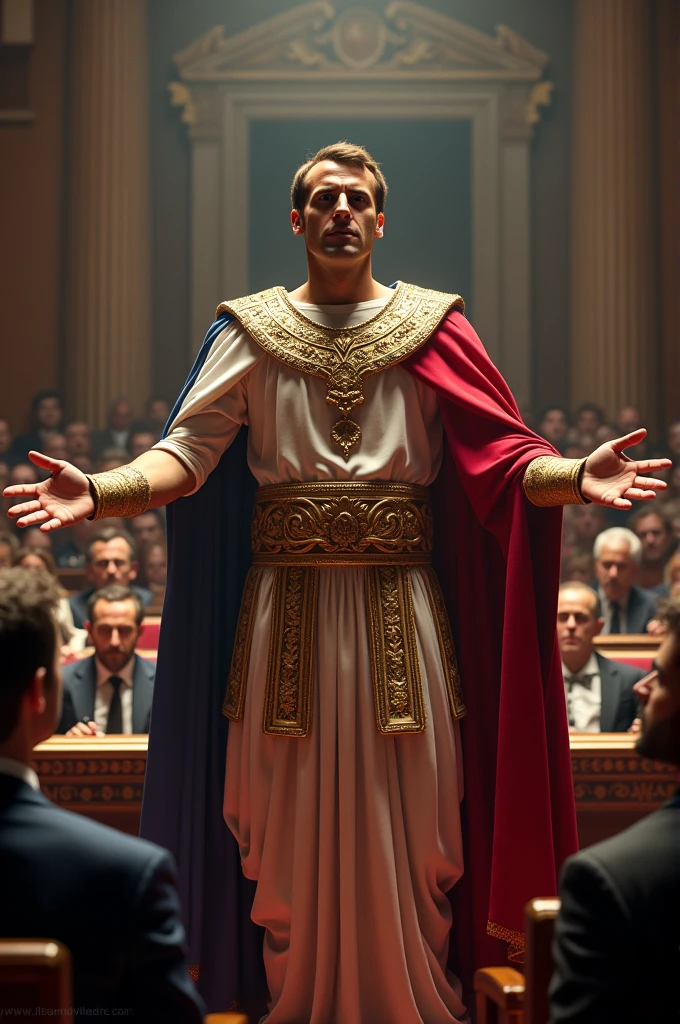 Dessine moi Emmanuel Macron en tenue d'empereur romain proclament un discours devant les députés de l'assemblé national (dont Jean-Luc Mélenchon et Marine Lepen). Celui-ci proclame en effet la naissance du IIIe empire et sa nouvelle constitution lui donnant les pleins pouvoirs