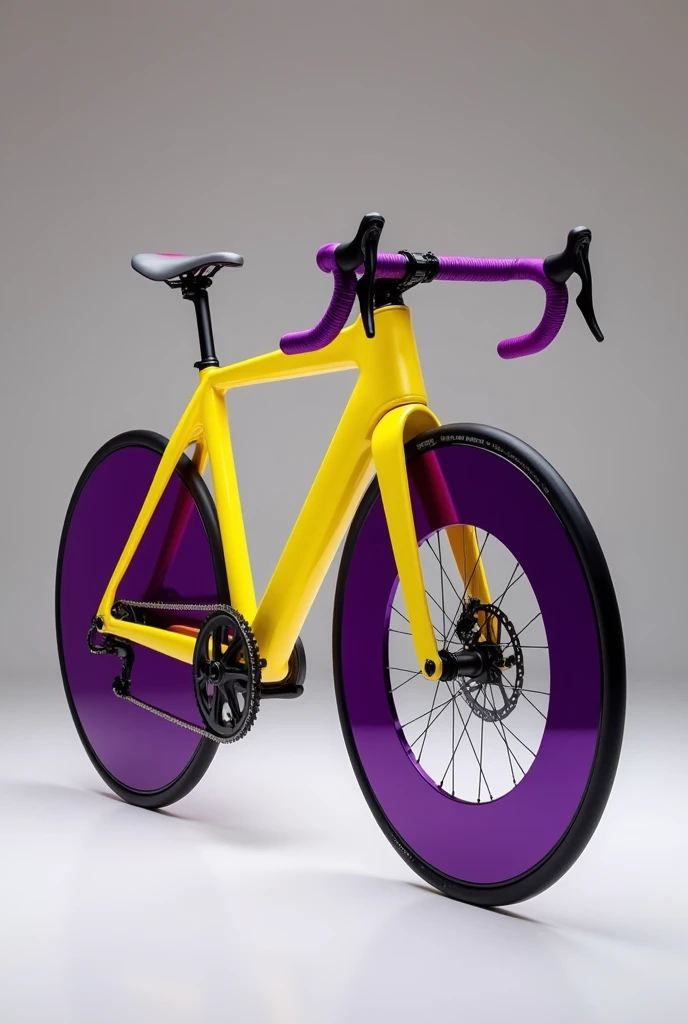 Create a yellow road bike with purple rims and the handlebars with purple bicycle tape