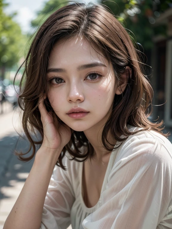 (8k, highest quallity, work of art: 1.2), ultra detail, highest quallity, ultra-high resolution, professional lighting, photon mapping, radiosity, Physically based rendering, cinematic lighting, Depth of field, concentrating, Sun'rays, good composition, (bokeh: 1.2), 1womanl, (halfbody), series, sad eyes, Indigenous Brazilian face, brown skin, fine lines on the face, tired pose, chestnut hair, shorth hair, curly hair, white blouse, hand under chin,