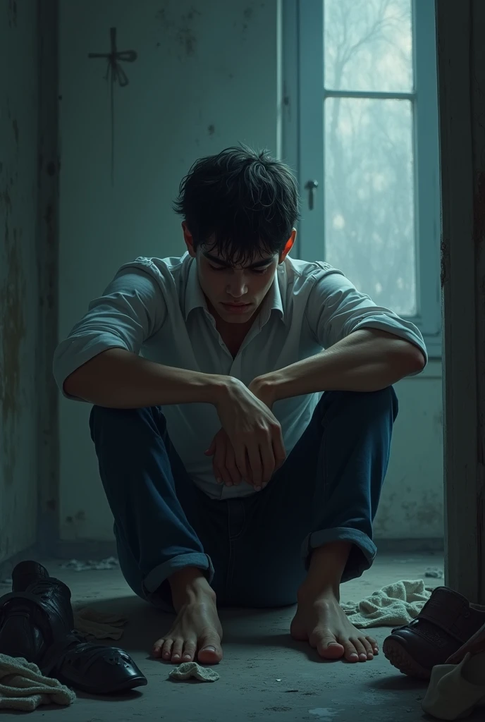 Image realiste d'un jeune homme seul et triste qui a tout perdu