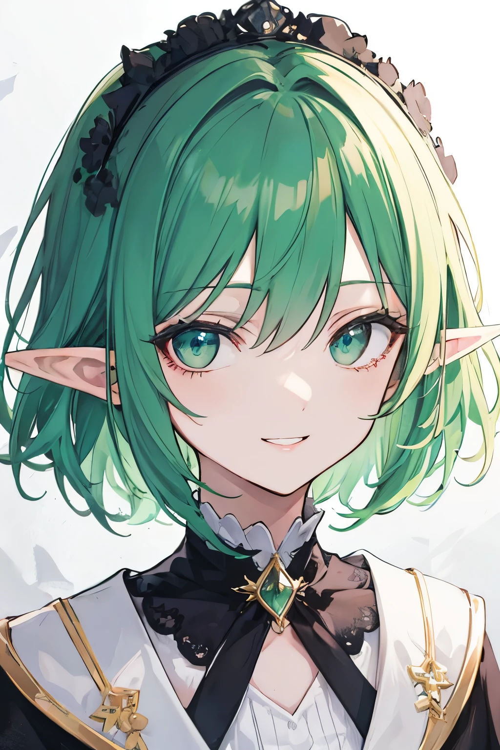 (masterpiece), best quality, BREAK, expressive eyes, (perfect face), 1woman, BREAK, (medium hair, green hair), BREAK, (green eyes, detailed eyes), BREAK, (elf ears), BREAK, (happy smile) BREAK, (medium heigh), BREAK, (white dress)