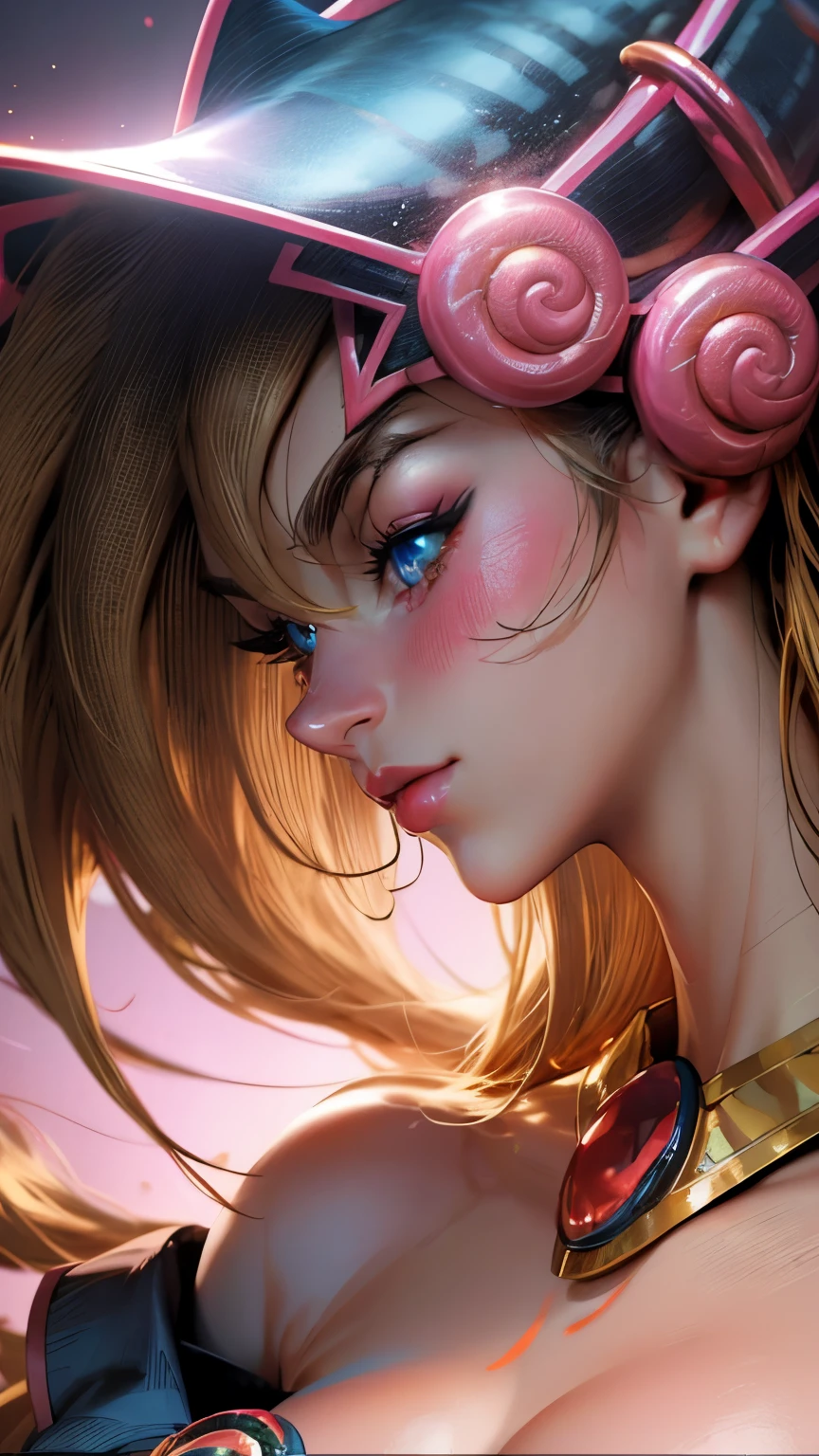 Beautiful face of dark magician gils. blue eyes. brio in the eyes. Large and thick false eyelashes, pink lips. blush on the cheeks, profile pose. Looking at one extreme. gold earrings. gold necklace. Thin neck. Long golden hair. Great cleavage. big breasts.