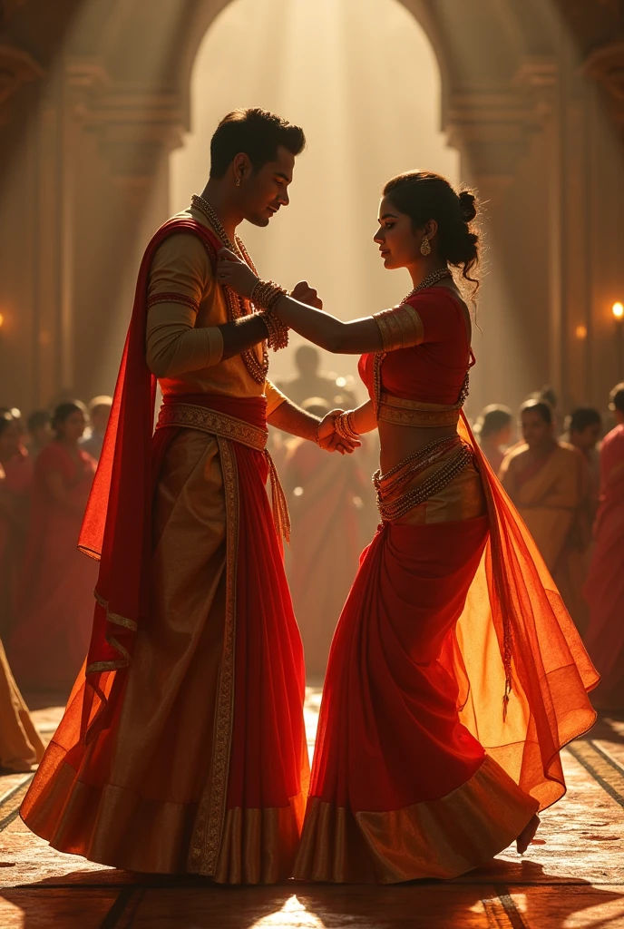 A grand, cinematic spectacle unfolds as a tall, thin, dark-skinned South Indian king, adorned in a full-sleeved king's dress without a crown, dances with fervor to the rhythm of the Tamil song "Ponmagal vandhaal.. Porul kodi thandhal.. Ponmagal vandhaal.. Porul kodi thandhal.. Poo medai vaasal pongum thaenaaga". His queen, a chubby, fair-skinned woman with a big navel, wears a traditional queen's dress, also without a crown. She sports a short sides haircut with a long angular comb-over, while her saree is thin and adorned with a v-neck blouse, a see-through blouse, and a see-through saree.