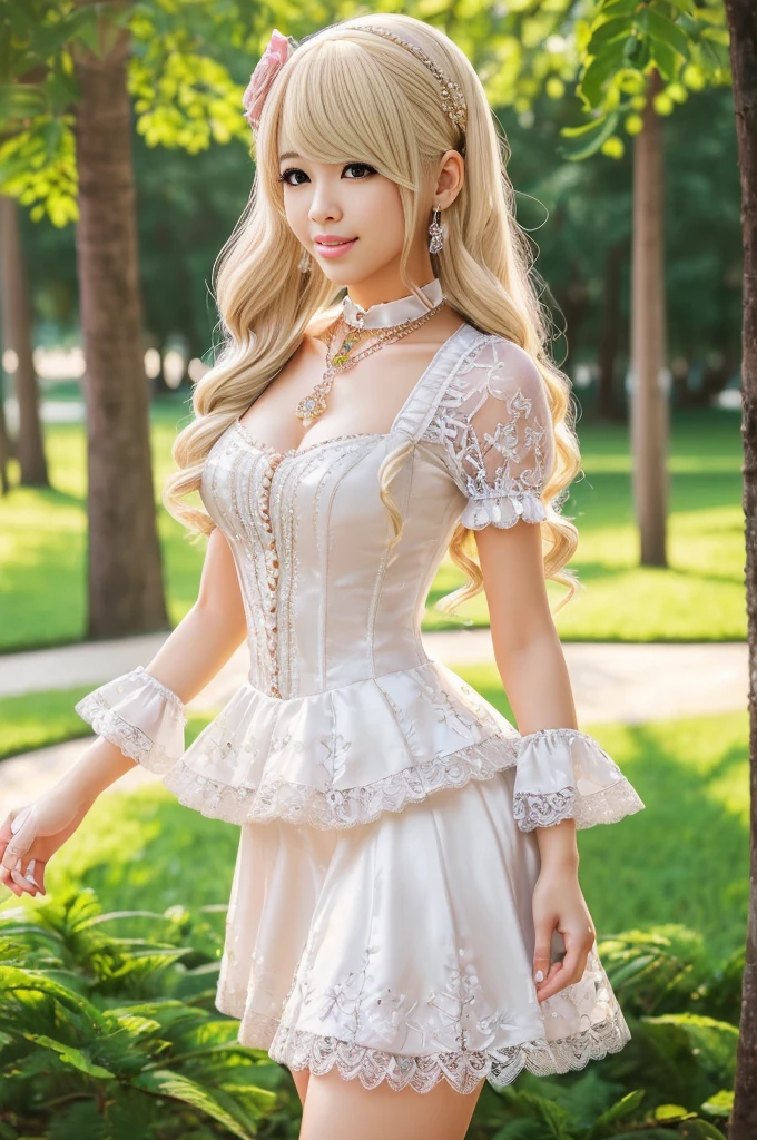 ((Best quality, 8k, Masterpiece, Sharp focus, 35mm lens, f/0.8, amazing beautiful perfect figure :1.4)), side lighting, sexy stylish Asian model, ((bright smile)), ((doll-like appearance)), ((beautiful detailed Victorian-Style boots)), Highly detailed face and skin texture:1.2, super detailed eyes:1.2, super detailed skin, shiny skin:1.2, Blushing ,long lashes:1.2, high-fidelity bangs, brilliant light blonde long random hairstyle, ((sexy Paradise Kiss cosplay)), bell-shaped skirt, petticoats, high neckline, puffed sleeves, (( ultra detailed lace)), ((ultra detailed embroidery)), intricate details, Paradise Kiss accessoires and matching headpiece, choker, ((large sparkling Paradise Kiss jewelry)), cinematic light, detailed large park background with trees