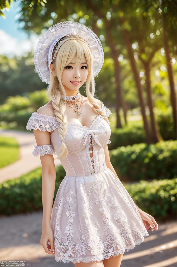 ((Best quality, 8k, Masterpiece, Sharp focus, 35mm lens, f/0.8, amazing beautiful perfect figure :1.4)), side lighting, sexy stylish Asian model, ((bright smile)), ((doll-like appearance)), ((beautiful detailed Victorian-Style boots)), Highly detailed face and skin texture:1.2, super detailed eyes:1.2, super detailed skin, shiny skin:1.2, Blushing ,long lashes:1.2, high-fidelity bangs, brilliant light blonde long random hairstyle, ((sexy Paradise Kiss cosplay)), bell-shaped skirt, petticoats, high neckline, puffed sleeves, (( ultra detailed lace)), ((ultra detailed embroidery)), intricate details, Paradise Kiss accessoires and matching headpiece, choker, ((large sparkling Paradise Kiss jewelry)), cinematic light, detailed large park background with trees