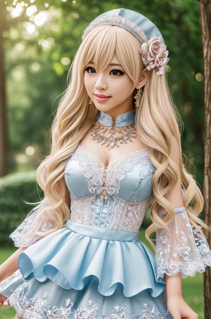 ((Best quality, 8k, Masterpiece, Sharp focus, 35mm lens, f/0.8, amazing beautiful perfect figure :1.4)), side lighting, sexy stylish Asian model, ((bright smile)), ((doll-like appearance)), ((beautiful detailed Victorian-Style boots)), Highly detailed face and skin texture:1.2, super detailed eyes:1.2, super detailed skin, shiny skin:1.2, Blushing ,long lashes:1.2, high-fidelity bangs, brilliant light blonde long random hairstyle, ((sexy Paradise Kiss cosplay)), bell-shaped skirt, petticoats, high neckline, puffed sleeves, (( ultra detailed lace)), ((ultra detailed embroidery)), intricate details, Paradise Kiss accessoires and matching headpiece, choker, ((large sparkling Paradise Kiss jewelry)), cinematic light, detailed large park background with trees