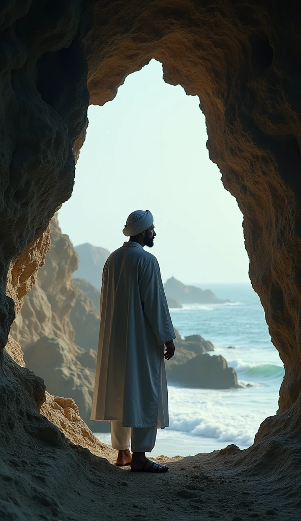 A 35-year-old man with a clean face, wearing a white turban, long white robe, white trousers, and traditional warrior sandals, spending the night in a cave near the southern beach. The scene is depicted with dramatic, cinematic lighting and hyper-detail, showcasing the mysterious ambiance of the cave and the coastal environment in 8K ultra-sharp UHD quality.

