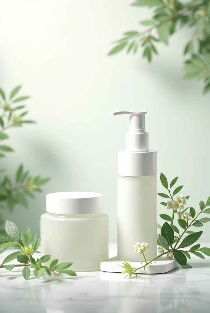 Make a background for a flyer with white and the color #86B39A. Create a glam flyer, dainty, chic, and put plants. realistic greens. You can put some image related to skin cleaning