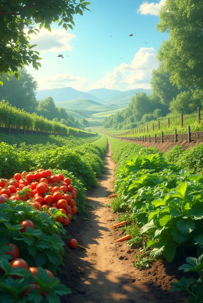 Create the most beautiful image in the world of realistic vegetable gardens for a school presentation 