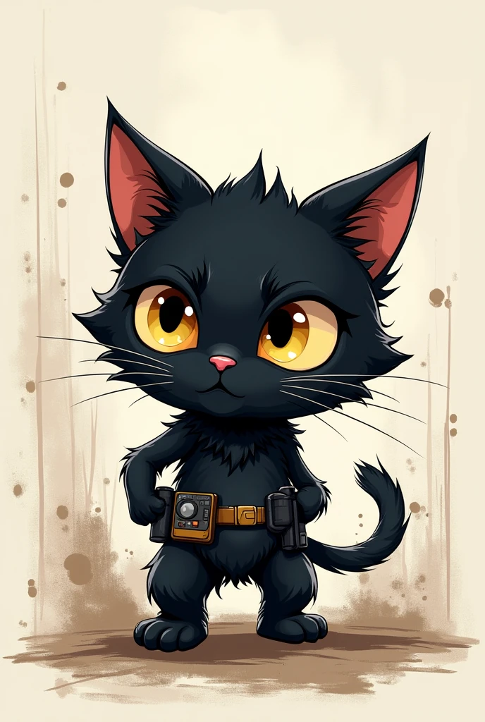 Black chibi cat, doing some action of an agent, half scribbled drawing line 