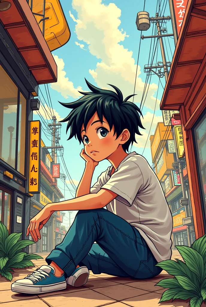 Anime-style boy thoughtfully surrounded by manga