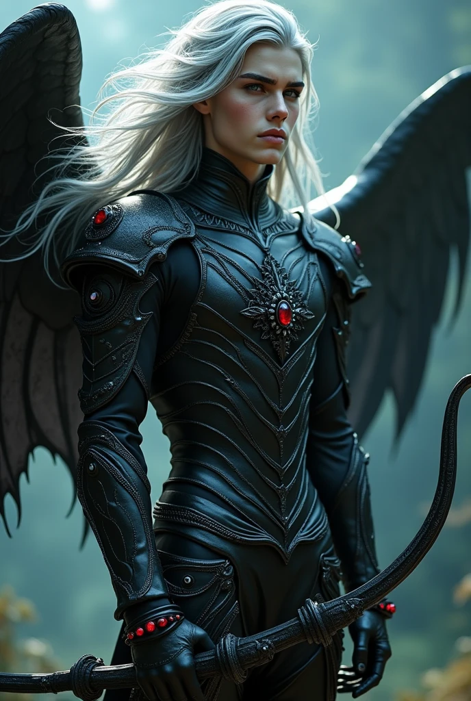 A (((humanoid siren))) man teenager with the likeness hair of justin bieber 2012, adorned in a (((black leather armor))), accentuated by delicate yet intricate ((black jewels)), that reflect the sunlight in a dazzling display. flowing but not so long (((grey hair))), which extends gracefully on the side of his body, adds an air of mystery to her ensemble. He holds a ((a long, curved, dark metal bow with red details)), which is elegantly fitted to his body and complements the overall aesthetic. his((skin tone is light white)), and he is slim and fit, with a (seductive but welcoming expression) that captivates the viewer. His ((cheerful but melancholic melody)) echoes out like a siren's song, inviting the viewer to delve into the fantastical realm of this underwater beauty. with black wings behind his back more manly