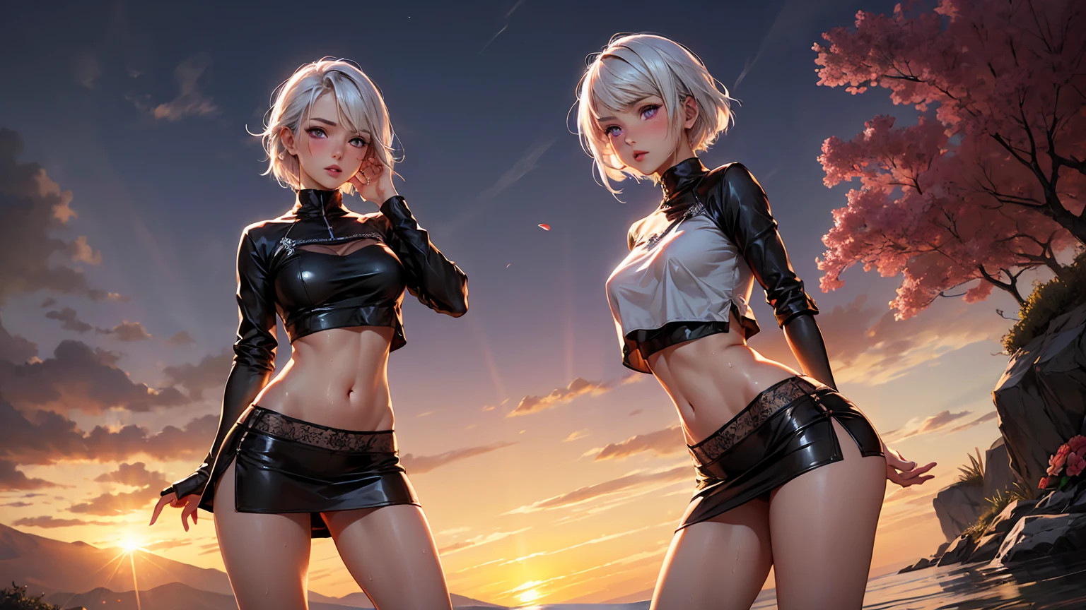 realistic, 1girl, white hair, purple eyes, glowing eyes, crop top, mini skirt, parted lips, blush, night, flowers, sun, sunlight, camel toe, wet, beautiful girl,