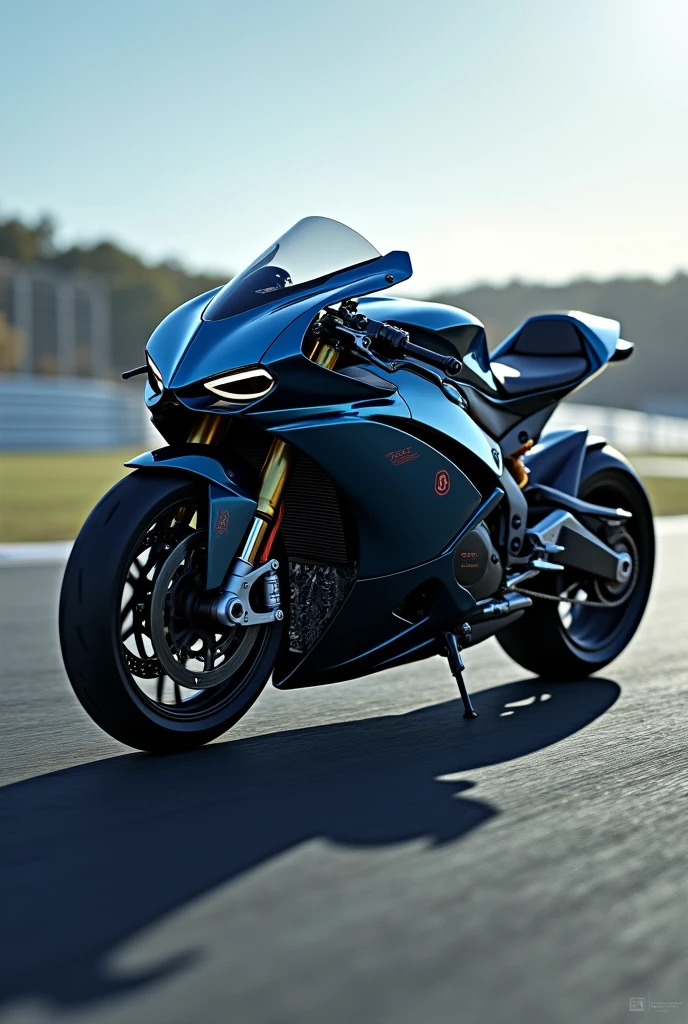 A special edition super sports motorcycle from Bugatti, The motorcycle should have traces of the Bugatti Super Sport's appearance, The motorcycle is on a circuit
