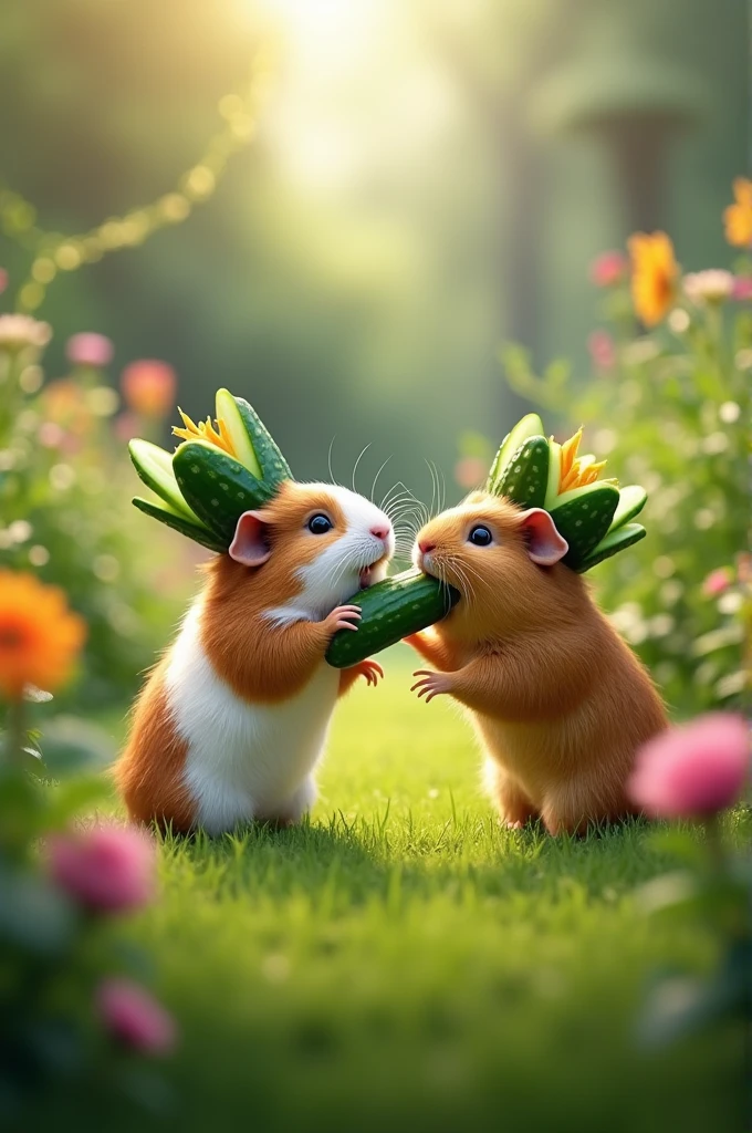 The guinea pigs are fighting over the grass in the garden and one guinea pig has a cucumber crown on and another guinea pig is eating the crown, and the view from afar