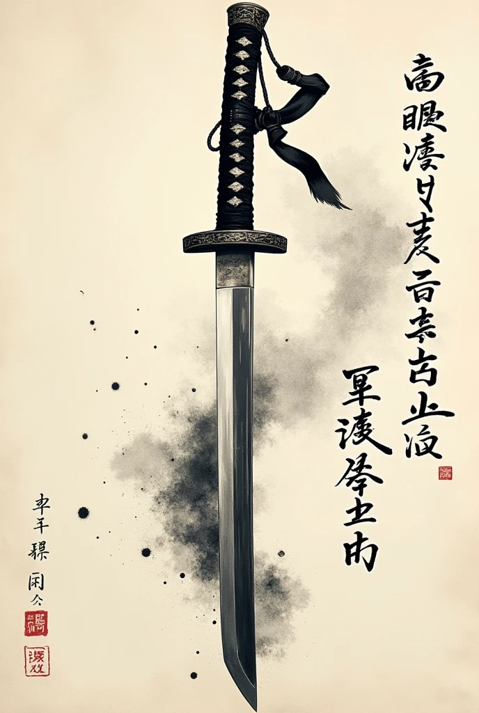 (best quality,highres,masterpiece:1.2),detailed calligraphy,brush strokes,ink splatter,cursive writing,artistic font,classic elegance,traditional technique,beauty in simplicity,inking,
contrast between thick and thin strokes,katana drawing - the meitou sword - samurai,the sharpest katana curved blade ever made battle-worn meitou sharp katana, Japanese characters,textured paper,subtle shades of black and gray,graceful curves and angles,precision and balance,traditional ink-wash painting,flowing fluidity,vivid poetic expression,brush scrollwork,dried ink marks,one brush stroke at a time,wisdom and tranquility,expressive and dynamic,ancient art form,poetry and philosophy