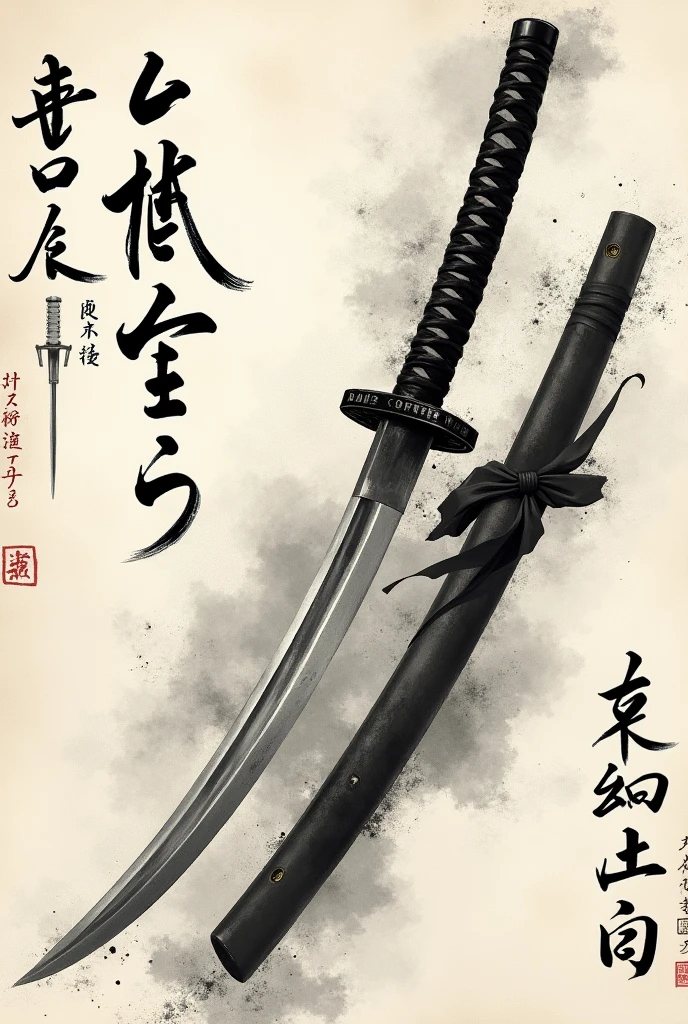 (best quality,highres,masterpiece:1.2),detailed calligraphy,brush strokes,ink splatter,cursive writing,artistic font,classic elegance,traditional technique,beauty in simplicity,inking,
contrast between thick and thin strokes,katana drawing - the meitou sword - samurai,the sharpest katana curved blade ever made battle-worn meitou sharp katana, Japanese characters,textured paper,subtle shades of black and gray,graceful curves and angles,precision and balance,traditional ink-wash painting,flowing fluidity,vivid poetic expression,brush scrollwork,dried ink marks,one brush stroke at a time,wisdom and tranquility,expressive and dynamic,ancient art form,poetry and philosophy