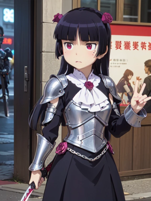  (ruri gokou), woman, alone, Hime cut, Mole under the eye, Red eyes, Combat Ready, (wielding a greatsword in one hand), Proud, A dark fantasy world I stepped into, Armored suit