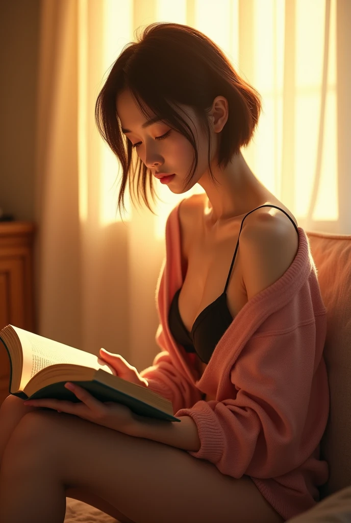 (colored picture), Photo realistic of beautiful asian、slender abs, (Highlight Haircutreast A Cup:1.2), small breast, round shape breast, perfect shape breast,(( )), she is sitting and reading a book in a cozy indoor setting. The scene is bathed in the warm, golden light of a late afternoon, streaming in from a window directly behind her. She is wearing a soft pink sweater relaxed neckline that casually ((drapes off one shoulder)), exposing slender shoulders with black bra trap, highlighted by the rays of light creating a radiant effect on her skin. The overall atmosphere is serene and intimate, capturing a peaceful moment of solitude and the beauty of the light, mid-shot , light rays warm atmosphere