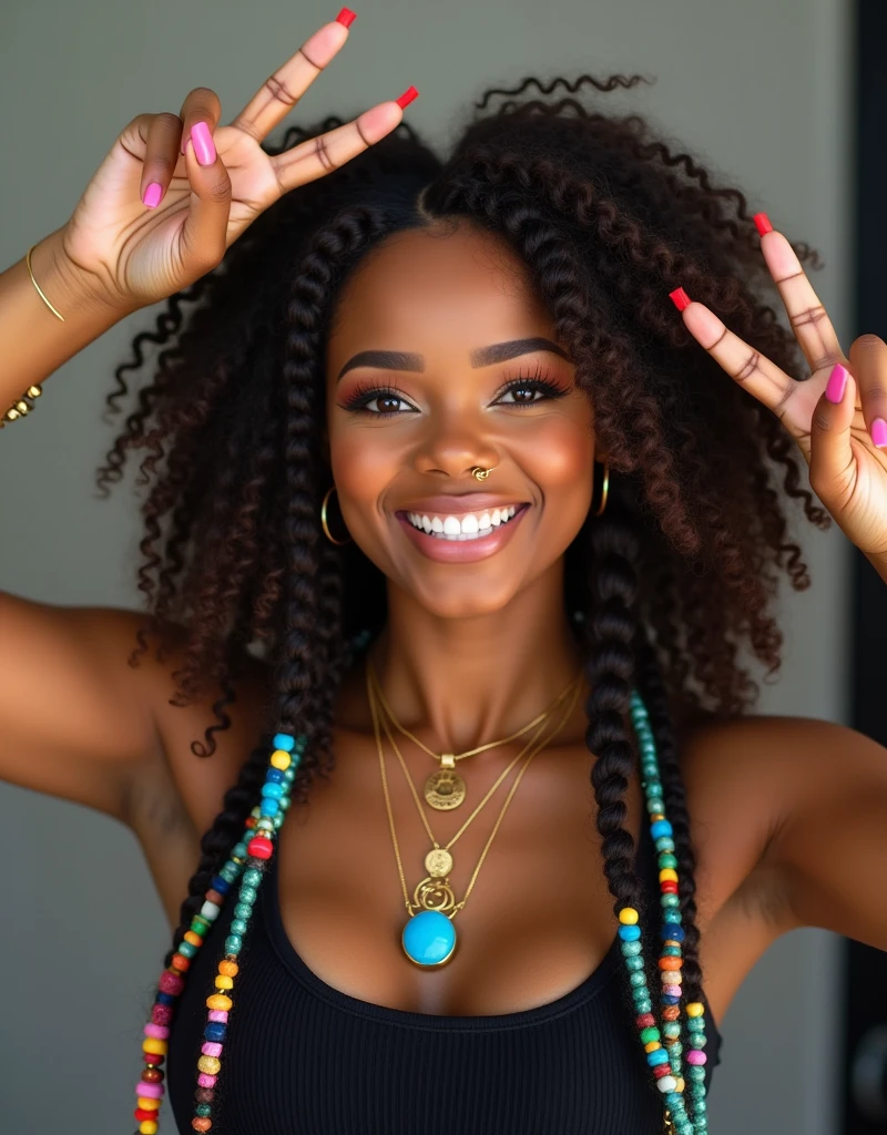 A vibrant and confident woman is captured in a candid moment, playfully posing with a peace sign above her head. Her long, curly hair is beautifully styled, adorned with colorful beads and intricate braids that add a unique and lively touch to her look. She wears a black top that contrasts with her glowing skin, and her makeup is flawlessly done, with soft, natural tones that highlight her features. A gold nose ring and layered necklaces, including a pendant with a striking blue stone, enhance her overall style, adding a mix of elegance and edge. Her expression is one of joy and self-assurance, with her eyes closed and lips slightly pursed as she enjoys the moment. The background is simple and understated, allowing her personality and style to shine through as the focal point of the image. ((UHD:1.5)), ((4K:1.5)), ((masterpiece:1.6)), ((vibrant colors:1.3)), ((playful expression:1.4)), ((modern style:1.4)), by Tyler Mitchell, Kahran and Regis Bethencourt, Dana Scruggs.